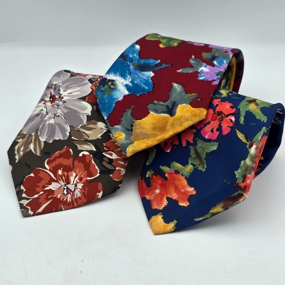 Handmade in Italy Necktie Set Men OS Multicolor Floral Classic Bold Print 3pc